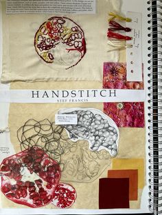 an open book with different types of art on the pages and in front of it is a page that says handstitch