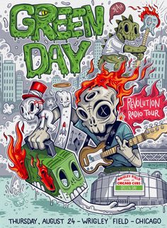 the poster for green day featuring skeletons playing guitars