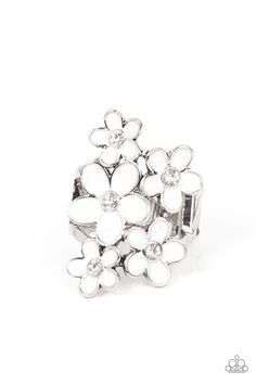 Dotted with dainty white rhinestone centers, a bouquet of shiny white flowers blooms across the finger for a sensational seasonal look. Features a stretchy band for a flexible fit. Sold as one individual ring. Fashion Rings Silver, White Bouquet, Paparazzi Accessories, White Jewelry, White Rhinestone, Paparazzi Jewelry, Silver Flowers, White Ring, Accessories Rings