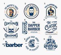 the barber shop logos and emblems are all in different styles, but there is no image