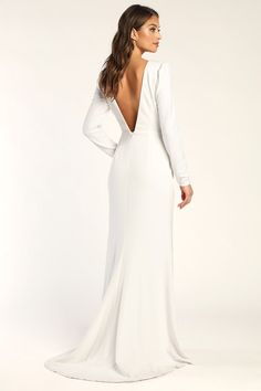 White Long Sleeve Dress - Mermaid Maxi Dress - V-Neck Dress - Lulus Long Sleeve Stretch Wedding Gown, Long Sleeve Stretch Gown For Wedding, Stretch Long Sleeve Gown For Wedding, Mermaid Dress With Train, Dress Long Fitted, Long Sleeve Mermaid Dress, Mermaid Maxi Dress, Maxi Dress Long Sleeve, Dress With Train