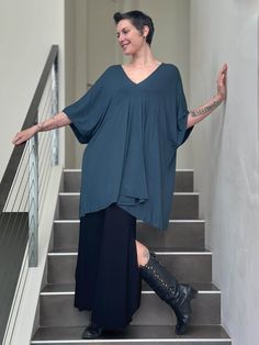 caraucci oversized teal blue v neck empire waist tunic or mini dress #color_teal Oversized V-neck Spring Cover-up, Chic Blue V-neck Cover-up, Casual Oversized V-neck Cover-up, Summer V-neck Tunic For Loungewear, Oversized V-neck Tunic For Beach Cover-up, Breezy Spring Cover-up With Relaxed Fit, Breezy Relaxed Fit Spring Cover-up, Relaxed Fit V-neck Tunic For Beach Season, Oversized Batwing Sleeve Tops For Vacation