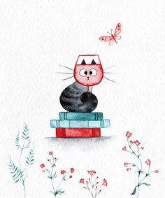 a watercolor painting of a cat sitting on top of a stack of books with a butterfly flying above it