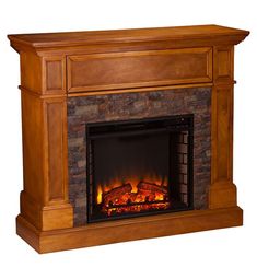 a wooden fireplace with a fire in it