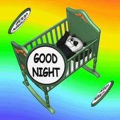 a panda bear sleeping in a baby crib with the words good night on it