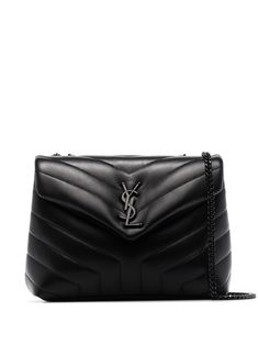 black leather quilted signature YSL logo plaque internal logo patch foldover top magnetic fastening leather and chain-link shoulder strap main compartment Sac Yves Saint Laurent, Quilted Shoulder Bag, Black Leather Handbags, Shoulder Bag Black, Mini Handbags, Saint Laurent Bag, Black Bag, Black Logo, Chain Bags