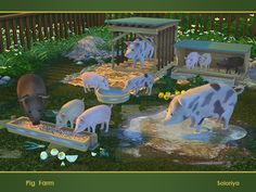 several farm animals are drinking water from a trough in the grass and surrounded by flowers