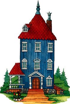 a drawing of a blue house with a red roof and two stories on the front