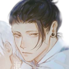 an anime character with black hair and piercings on his ear, holding onto another person's shoulder