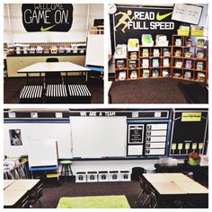 four different pictures of classroom desks and chalkboard in the same room, each with their own name on it