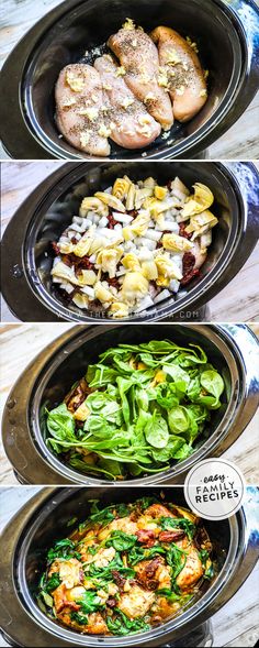 four different bowls filled with food on top of a table