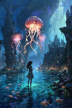 a girl is standing in the water with jellyfish floating above her and looking at them