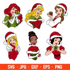 christmas girls with santa hats and presents in their hands, set of six clip art