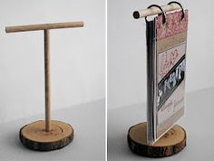 there is a wooden stand with a magazine holder on it and another photo in the background