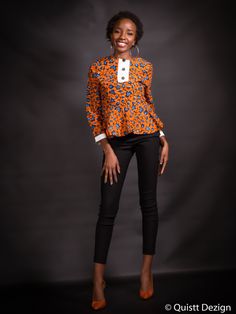 African clothing African Ankara Top African Orange Top Fitted Orange Tops For Work, Fitted Orange Blouse For Work, Orange Braids, Model Wax, Ankara Peplum Tops, Model Batik, Ankara Jackets, Ankara Tops, African Print Tops