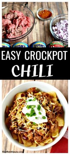 an easy crockpot chili recipe is shown in this collage with the title