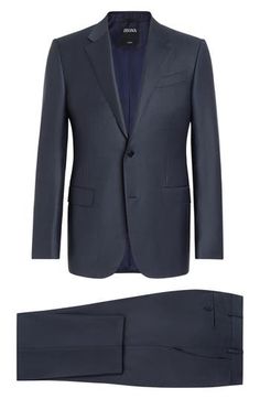 Crafted from the brand's signature Trofeo wool, this suit features an impeccable fit and modern polish for a subtly sophisticated look and daylong comfort. Jacket has notched lapels; nonfunctional four-button cuffs; chest pocket; flap pockets; side vents Trousers have zip fly with button-tab closure; front slant pockets; back button-welt pockets Jacket is lined; trousers are lined to the knee 100% wool Dry clean Made in Turkey Men's Designer Clothing Luxury Silk Business Casual Suits, Silk Suits With Suit Collar For Work, Tailored Silk Suit For Business Casual, Silk Business Casual Suit With Suit Collar, Silk Suits With Welt Pockets For Office, Silk Suits With Concealed Placket For Office, Pocket Jacket, Wool Suit, Designer Clothes For Men