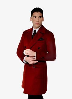 As seen in GQ Brace yourself for impact with the statement oxblood overcoat. Made for the gent who need never blend in with the crowd, this heard turning design will pair perfectly with your favorite two-piece. . . . Color: Oxblood red Design: Plain Blend: 90% Wool 10% Cashmere Red Winter Outerwear For Semi-formal Occasions, Luxury Burgundy Outerwear For Winter, Luxury Burgundy Winter Outerwear, Formal Red Wool Coat, Classic Long Burgundy Coat, Classic Burgundy Long Coat, Luxury Red Double-breasted Outerwear, Elegant Red Wool Coat For Formal Events, Elegant Red Wool Coat For Formal Occasions