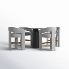 the table and chairs are all made out of grey fabric, with two stools on each side