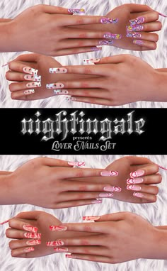 the hands are decorated with pink and white nail polishes, which spell out their name