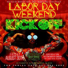 a poster for labor day weekend with a woman in red and green dress holding her hands up to her face