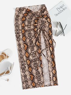 Khaki Sexy   Polyester Snakeskin Print Slit Embellished Slight Stretch Summer Women Bottoms Women Bottoms, Tube Skirt, Women Skirts, Plus Size Skirts, Snakeskin Print, Printed Drawstring, Kids Sleepwear, Skirt Pattern, Wrap Skirt