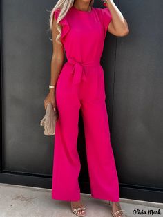 Olivia Mark - High-waisted Cinched Waist Jumpsuit with Belted Design - Full-length Trousers Straps Jumpsuit, Solid Color Jumpsuits, Belt Jumpsuit, Jumpsuit Elegant, Jumpsuit With Sleeves, Jumpsuit Trousers, Look Casual, Casual Look, Basic Style