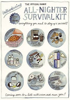 an advertisement for the official rokie all - nighter survival kit is shown in this drawing