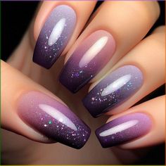 A gradient design that transitions from a dark, rich purple at the cuticle to a light lavender at the tips. The ombre effect is seamless and smooth, with each nail covered in a layer of fine, holographic glitter. The glitter adds a sparkling, multidimensional effect to the gradient, catching the light and making the nails shimmer with every movement. A glossy top coat seals the design, adding extra shine. Glitter Gradient Nails, Nail Art For Beginners, Nail Shimmer, Thanksgiving Nails, Sparkle Nails, Gradient Nails, Pastel Nails, Holographic Nails