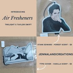 two stickers with the words air fresheners and an image of a man