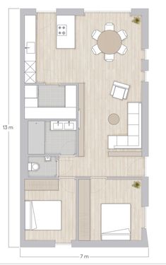 the floor plan for a small apartment with two beds and one living room in it