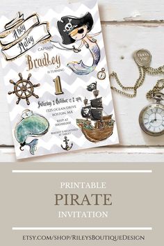 the pirate party is set up with an anchor, compass and other items to be used for