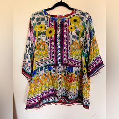 Beautiful Used Johnny Was Silk Tunic With Hand Stitched Details And Fabric Silk Buttons. Size M Yellow Floral Print Silk Tops, Yellow Silk Top With Floral Print, Yellow Floral Print Silk Blouse, Yellow Silk Blouse With Floral Print, Spring Yellow Top With Colorful Pattern, Vibrant Yellow Floral Print Tops, Multicolor Print Silk Blouse For Spring, Spring Multicolor Silk Blouse, Summer Yellow Patchwork Blouse