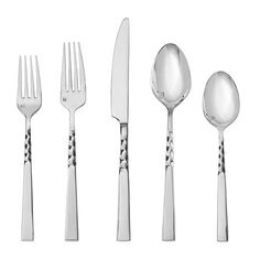 an assortment of silverware including forks, knives and spoons on a white background