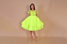 Neon Tulle Dress/ Party Neon Dress/ Festival Neon Dress/ Fancy Clothes/ Tulle Gown/ Neon Summer Dress/ Neon Dress Short Sleeve Tulle Skirt Party Dress, Short Sleeve Tulle Party Dress, Yellow Tulle Evening Dress, Short Sleeve Tulle Cocktail Dress, Summer Prom Dress With Full Skirt, Party Dress With Ruffles And Full Skirt, Full Skirt Party Dress With Ruffles, Tulle Dress With Full Skirt For Party, Organza Prom Dress With Full Skirt