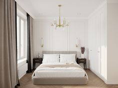 a bedroom with white walls and wooden floors