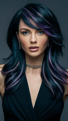 Highlights On Jet Black Hair, Dark Plum Hair With Highlights, Dark Plum Hair Color, Hair Color Ideas Dark, Orchid Hair Color, Violet Black Hair, Plum Hair Color Ideas, Plum Highlights, Dark Plum Hair