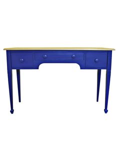 a blue desk with two drawers on one side and an open drawer on the other