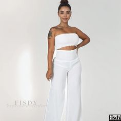 Fisdy - Classic Monochrome Casual Strapless Pants Set Strapless Jumpsuit, Patchwork Fabric, Two Piece Sets, Olivia Mark, Purple Black, Red Purple, Tube Top, Pants Set, Top Styles