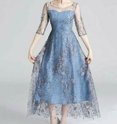 Green Blue Dress, Blue Embroidered Dress, Dress Ankle Length, Unique Dress, Grey Floral, Unique Dresses, Girls Dress, Embroidered Dress, Blue Gray