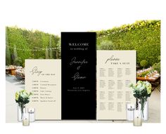 an outdoor wedding reception setup with flowers and menus