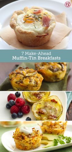 several different types of muffins on plates with berries and raspberries in the background