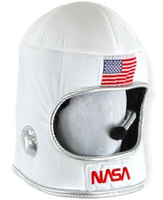 the nasa helmet is white with an american flag patch on it's front and side