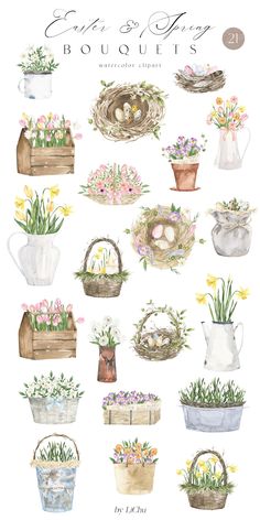 watercolor illustrations of baskets and flowers with the words easter give bouquets on them