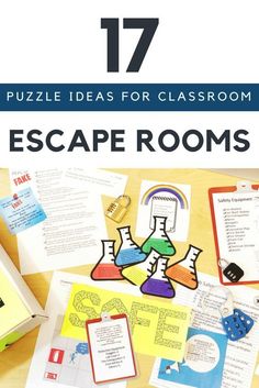 an image of escape rooms with the text 17 puzzle ideas for classroom escape rooms