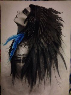 a drawing of a woman with feathers on her head