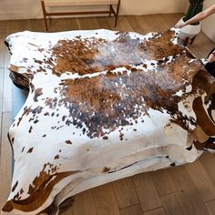 a man is painting a cow skin on the floor