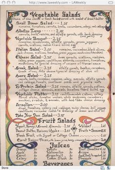 Menu from the Source, a long closed vegetarian restaurant said to be the first of its kind in Los Angeles.  Noticeably more expensive than FYH, by 70s standards,  it was on Sunset Blvd, and celebrities ate there.  The guy who owned it was some crazy cult leader,  so the Source was shuttered before 1980. Witchy Food, Chinese Salad, Vegetable Bouquet, Clean Healthy Recipes, Salad Menu, Source Family, Farm To Fork