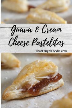 there are several different types of cream cheese pastries on the baking sheet with text overlay that reads guava & cream cheese pastils