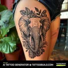 an elephant tattoo on the thigh with flowers and leaves around its head, in front of a potted plant